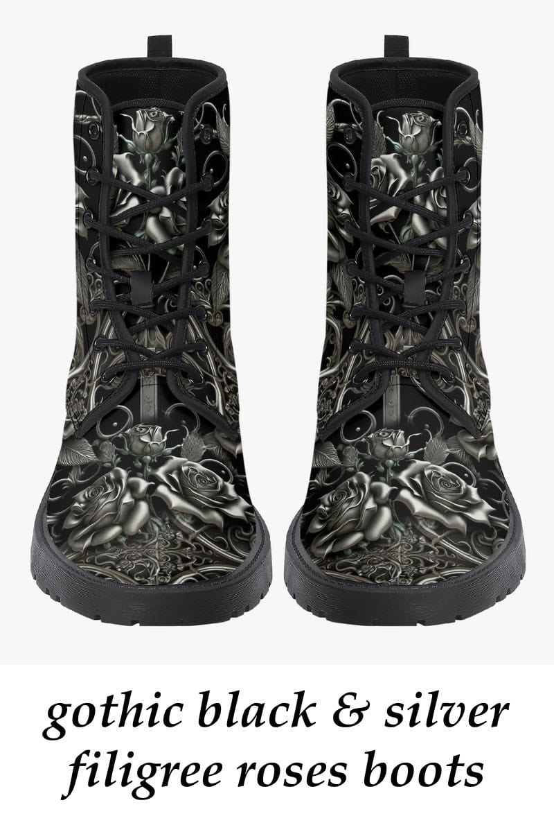 front view of the gothic black and silver filigree patterned vegan leather boots with silver roses at Gallery serpentine