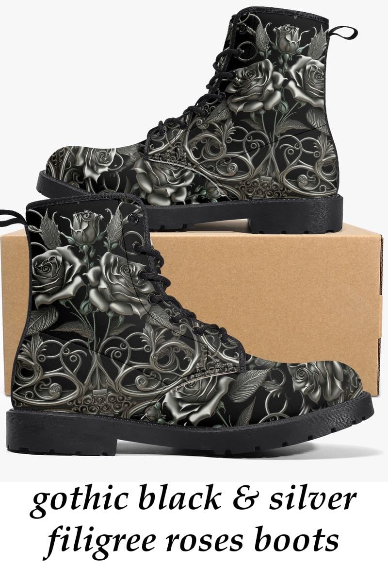 gothic black and silver filigree patterned vegan leather boots with silver roses at Gallery serpentine 2