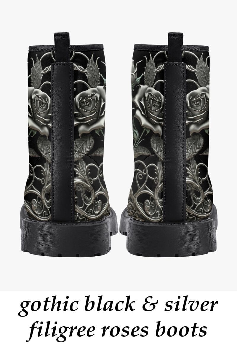 back view of the gothic black and silver filigree patterned vegan leather boots with silver roses at Gallery serpentine