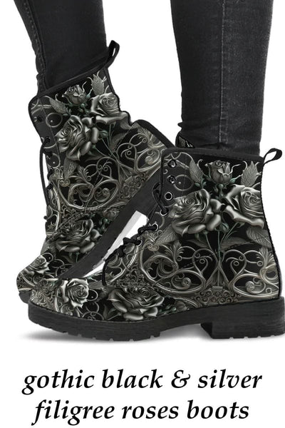 gothic black and silver filigree patterned vegan leather boots with silver roses at Gallery serpentine