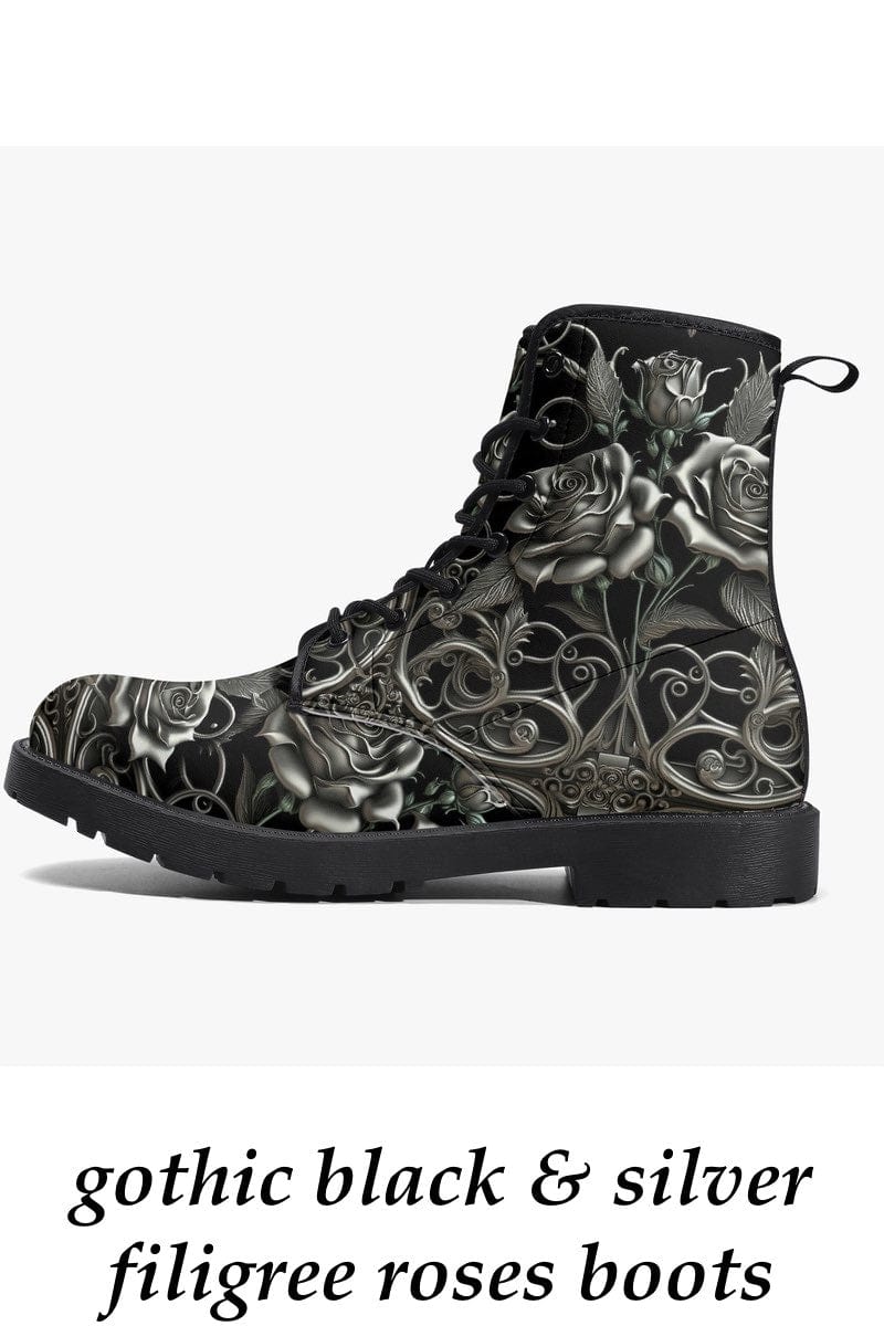 side view of the gothic black and silver filigree patterned vegan leather boots with silver roses at Gallery serpentine