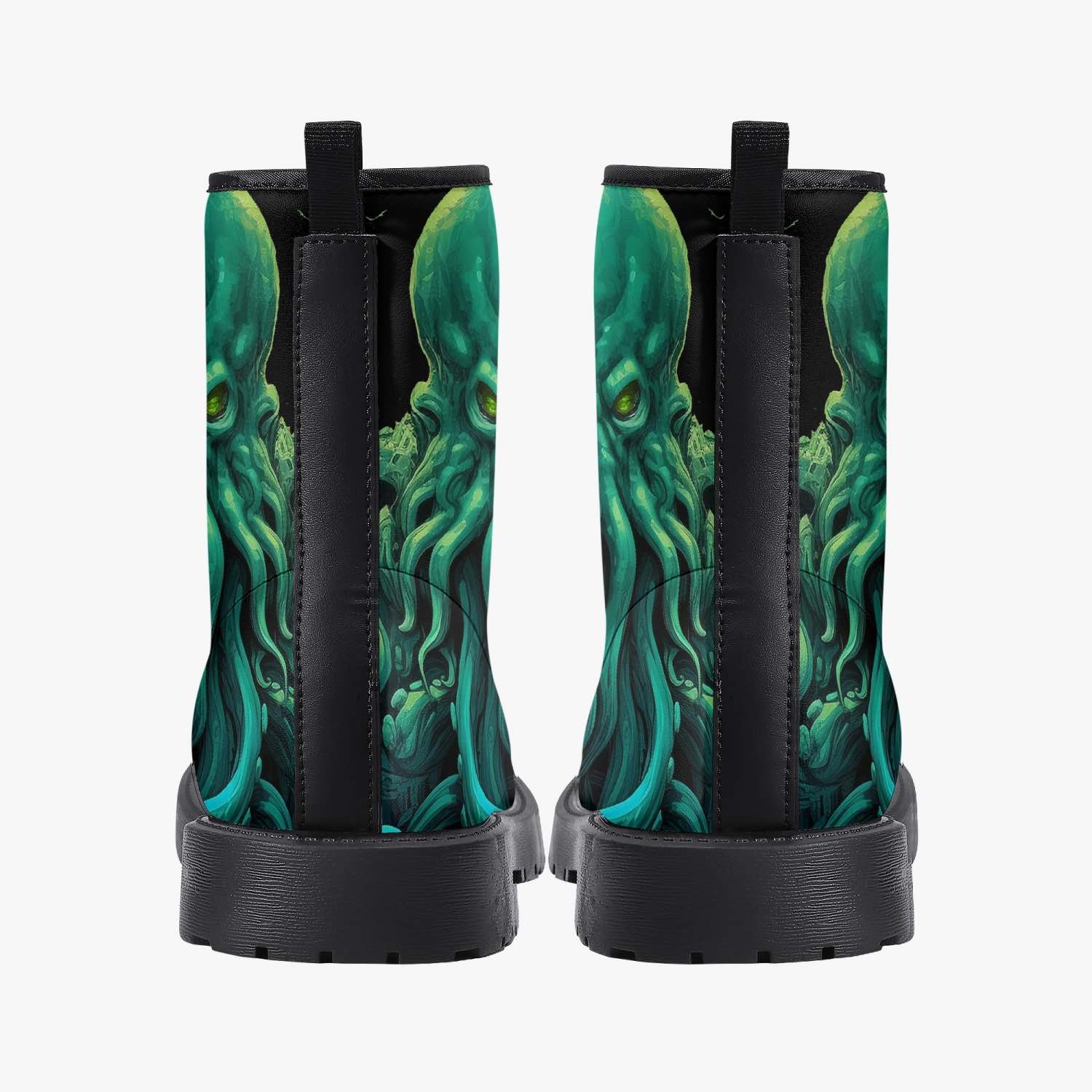 back view of the mighty deep vibrant green and black Cthulhu sea monster on vegan leather boots at Gallery Serpentine