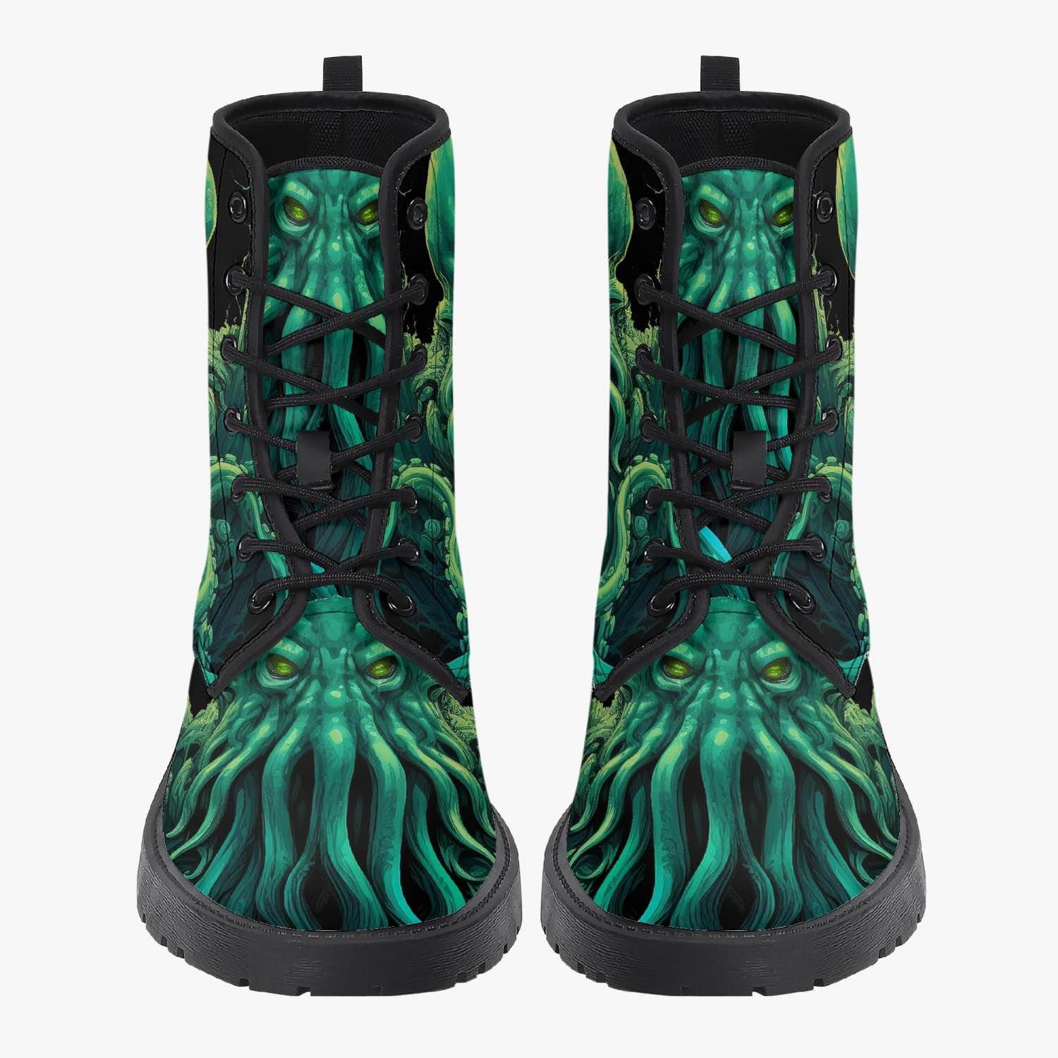 front view of the mighty deep vibrant green and black Cthulhu sea monster on vegan leather boots at Gallery Serpentine