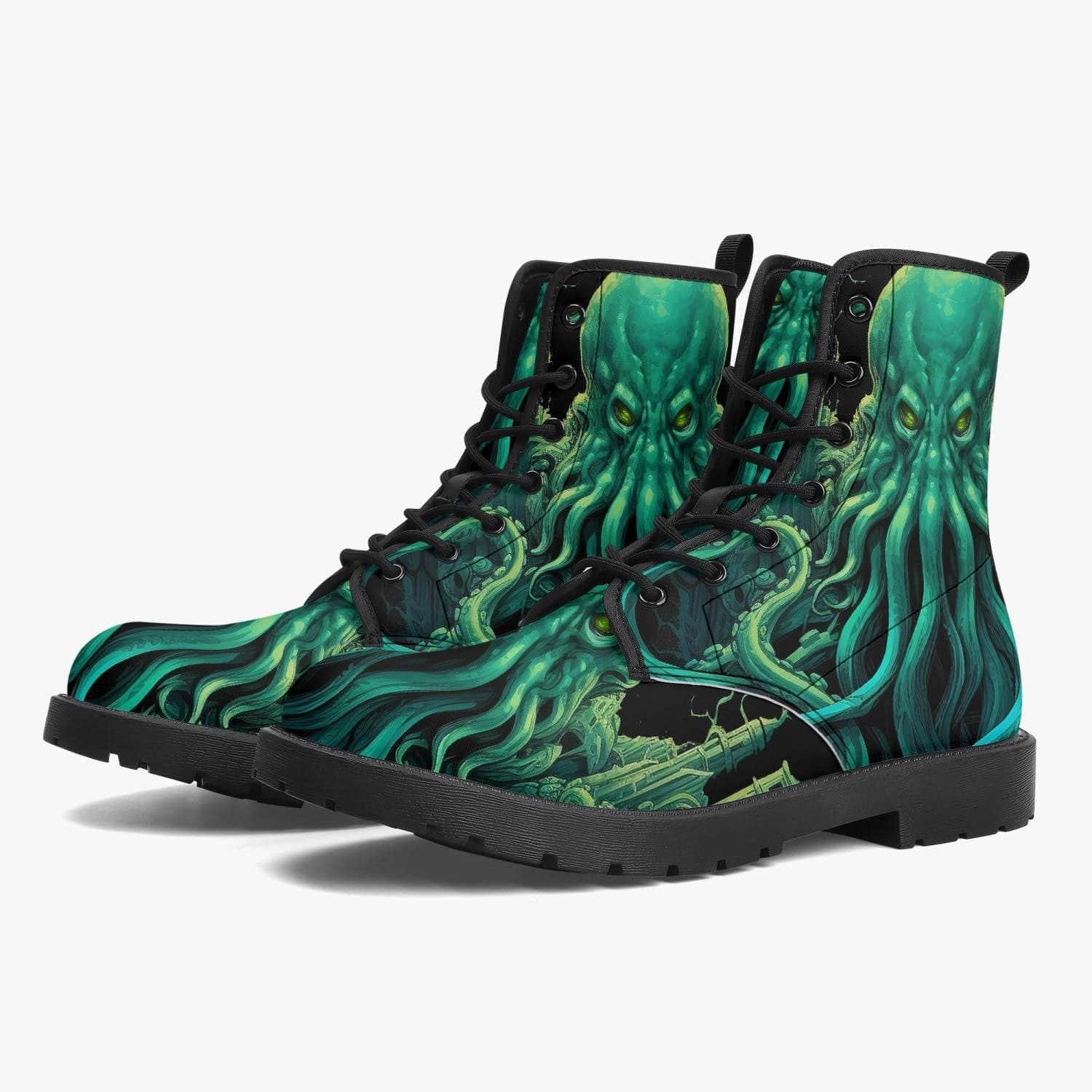 full side view of the mighty deep vibrant green and black Cthulhu sea monster on vegan leather boots at Gallery Serpentine
