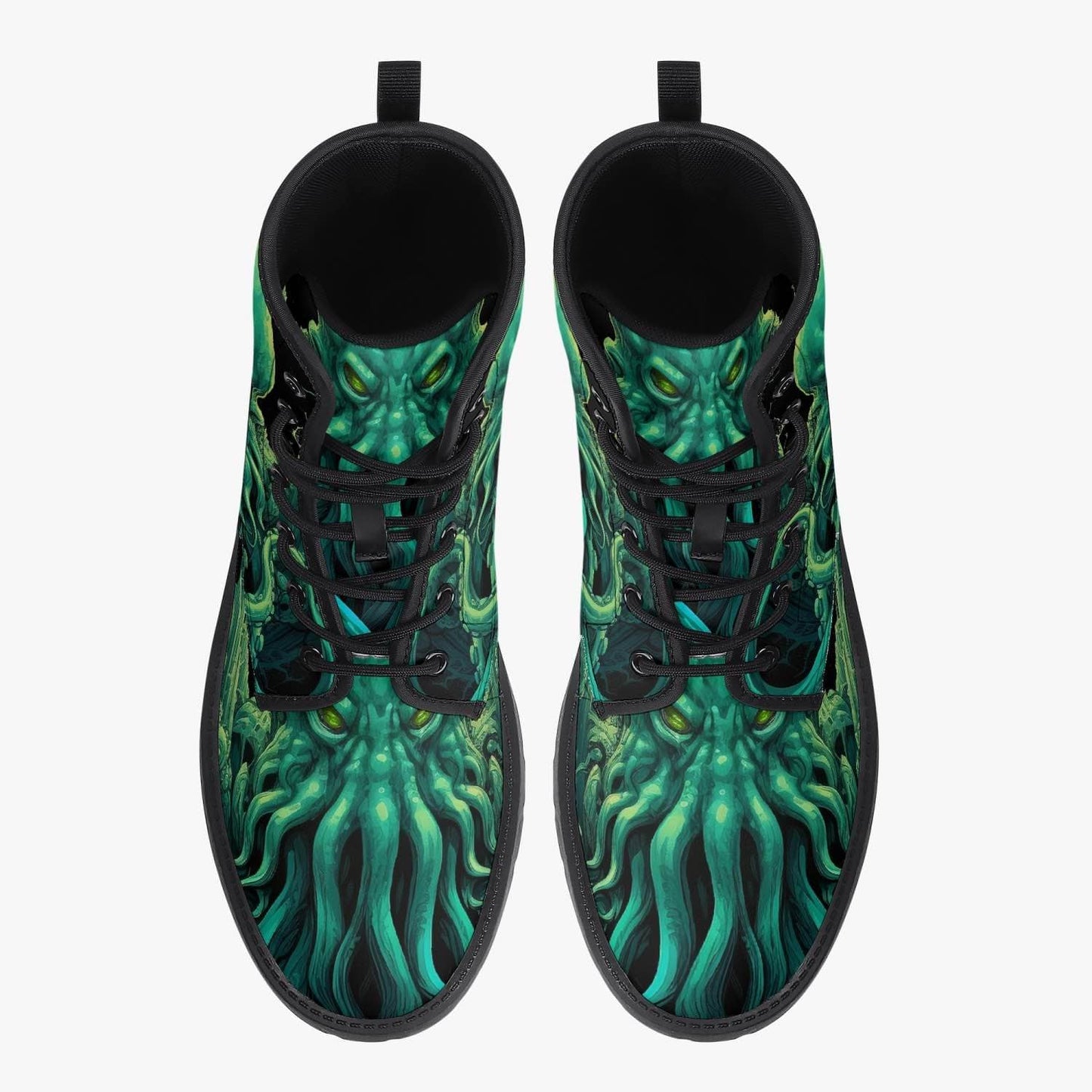 top view of the mighty deep vibrant green and black Cthulhu sea monster on vegan leather boots at Gallery Serpentine