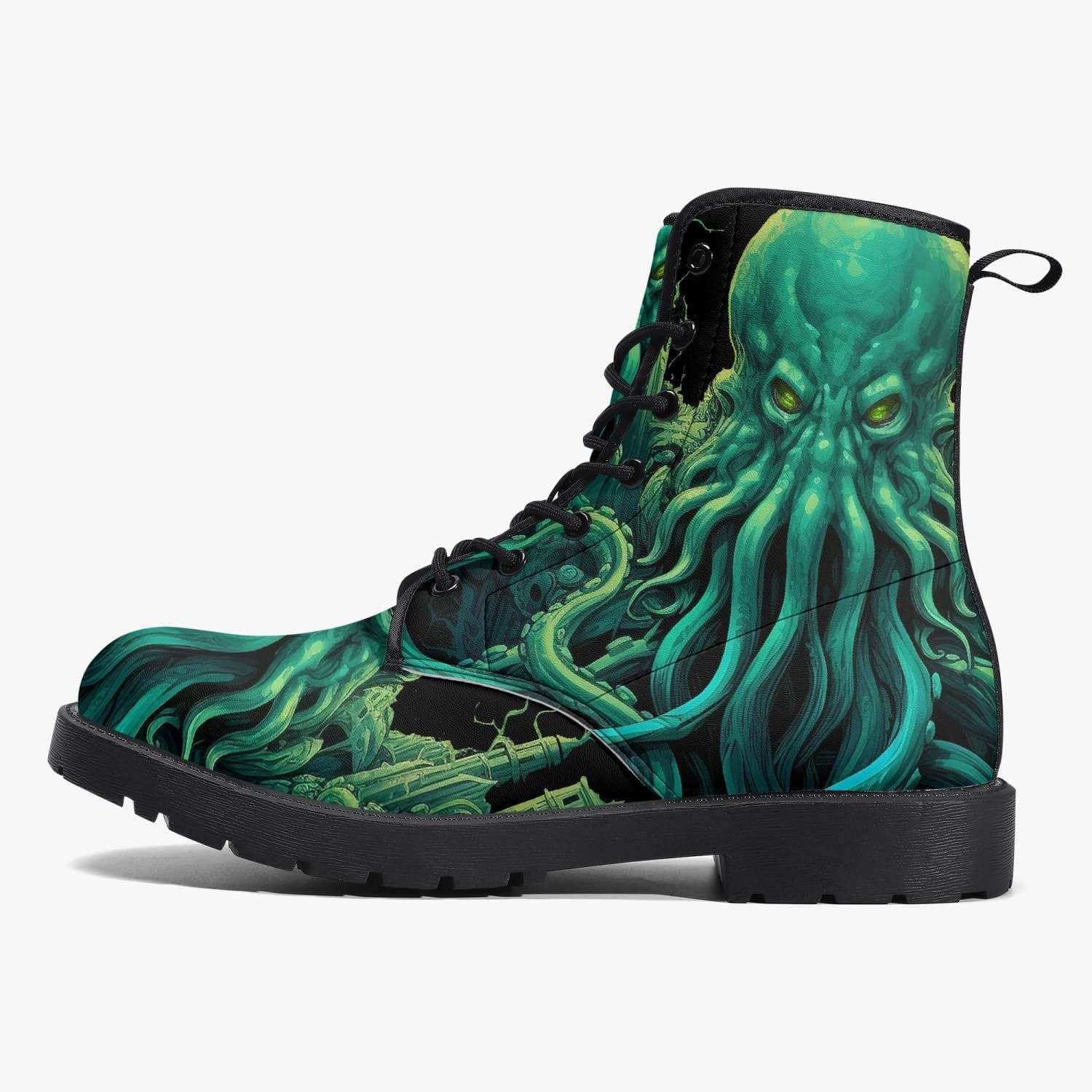 alternative side view of the mighty deep vibrant green and black Cthulhu sea monster on a vegan leather boot at Gallery Serpentine