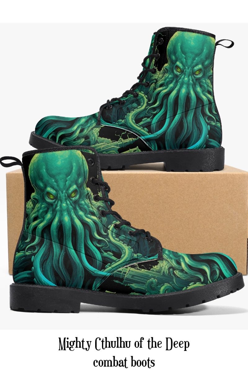 Call of Cthulhu vegan combat boots featuring a large green cthulhu with piercing green eyes