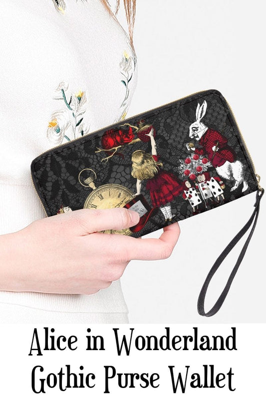 Woman holding the gothic alice in wonderland red gold black purse wallet