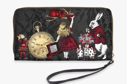 close up on the red gold and black alice in wonderland zipped purse wallet featuring the characters of the story on a black lace print background