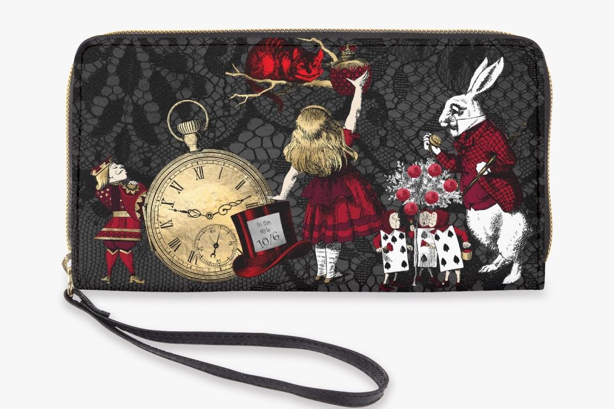 back close up on the red gold and black alice in wonderland zipped purse wallet featuring the characters of the story on a black lace print background