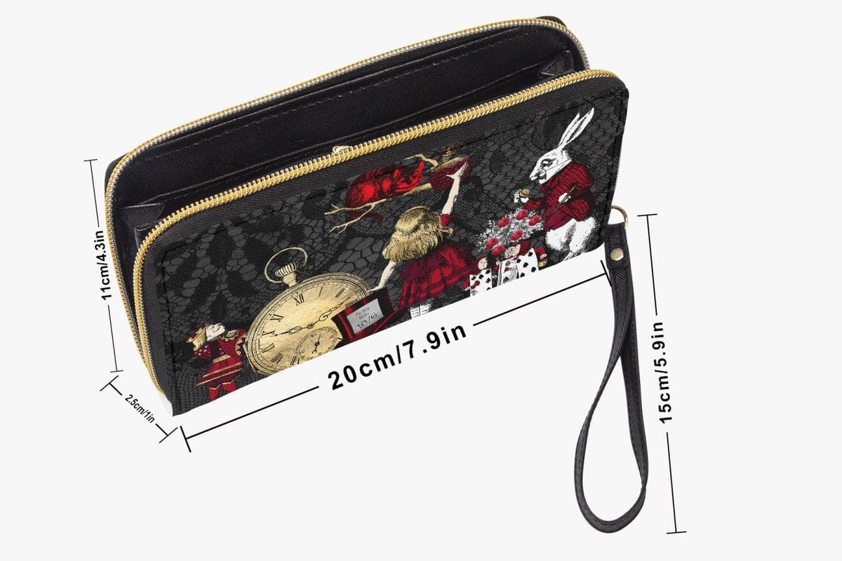 showing the dimensions in a close up on the red gold and black alice in wonderland zipped purse wallet featuring the characters of the story on a black lace print background