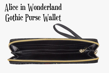 flat view of the  red gold and black alice in wonderland zipped purse wallet featuring the characters of the story on a black lace print background 