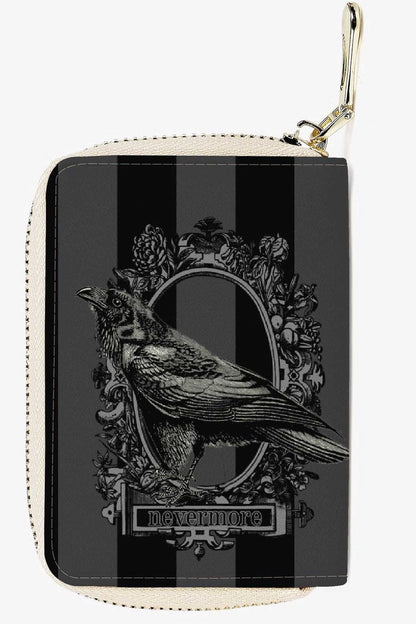 NEVERMORE POE RAVEN ZIP UP CARD WALLET IN BLACK AND GREY