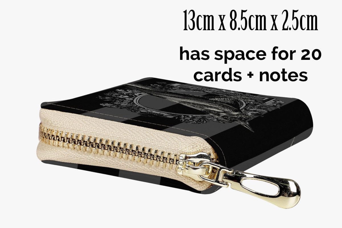 The Raven Poe Nevermore grey and black card wallet showing the cream coloured zip with text overlay describing dimensions of 13cm x 8.5cm x 2.5cm