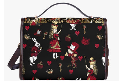 back view of the black red gold alice in wonderland gothic satchel handbag