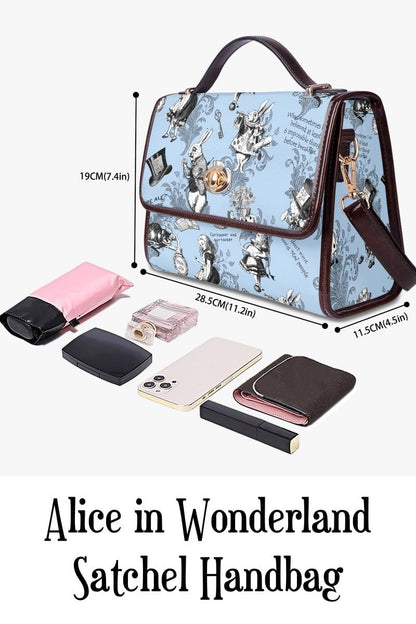 image shows the dimensions and capacity of the Alice in Wonderland whimsical blue satchel handbag printed with quotes and characters from the book