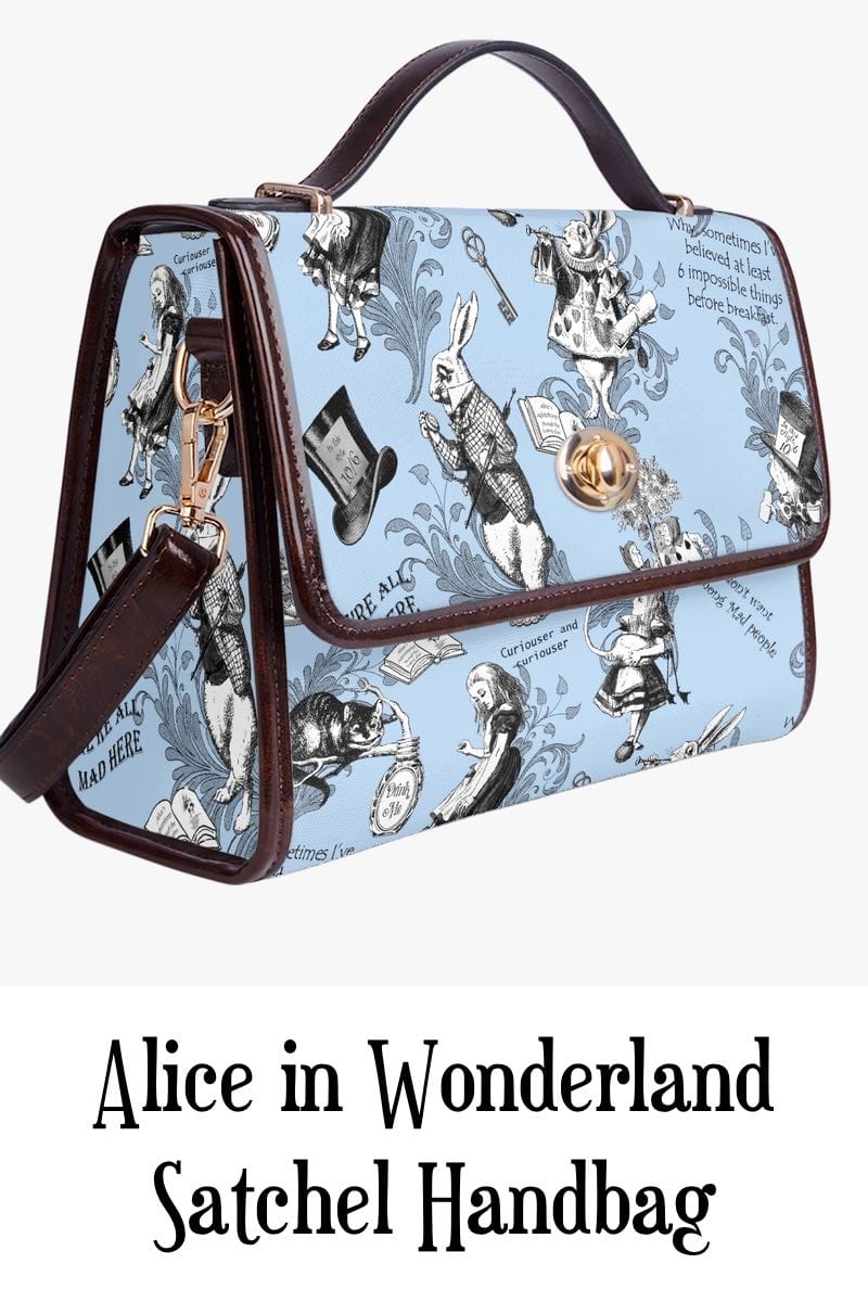 Alice in Wonderland whimsical blue satchel handbag printed with quotes and characters from the book