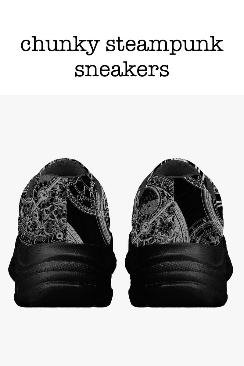 chunky breathable mesh steampunk sneakers with silver clockwork print on black