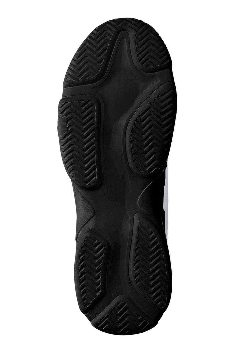 durable sole of the chunky breathable mesh steampunk sneakers with silver clockwork print on black