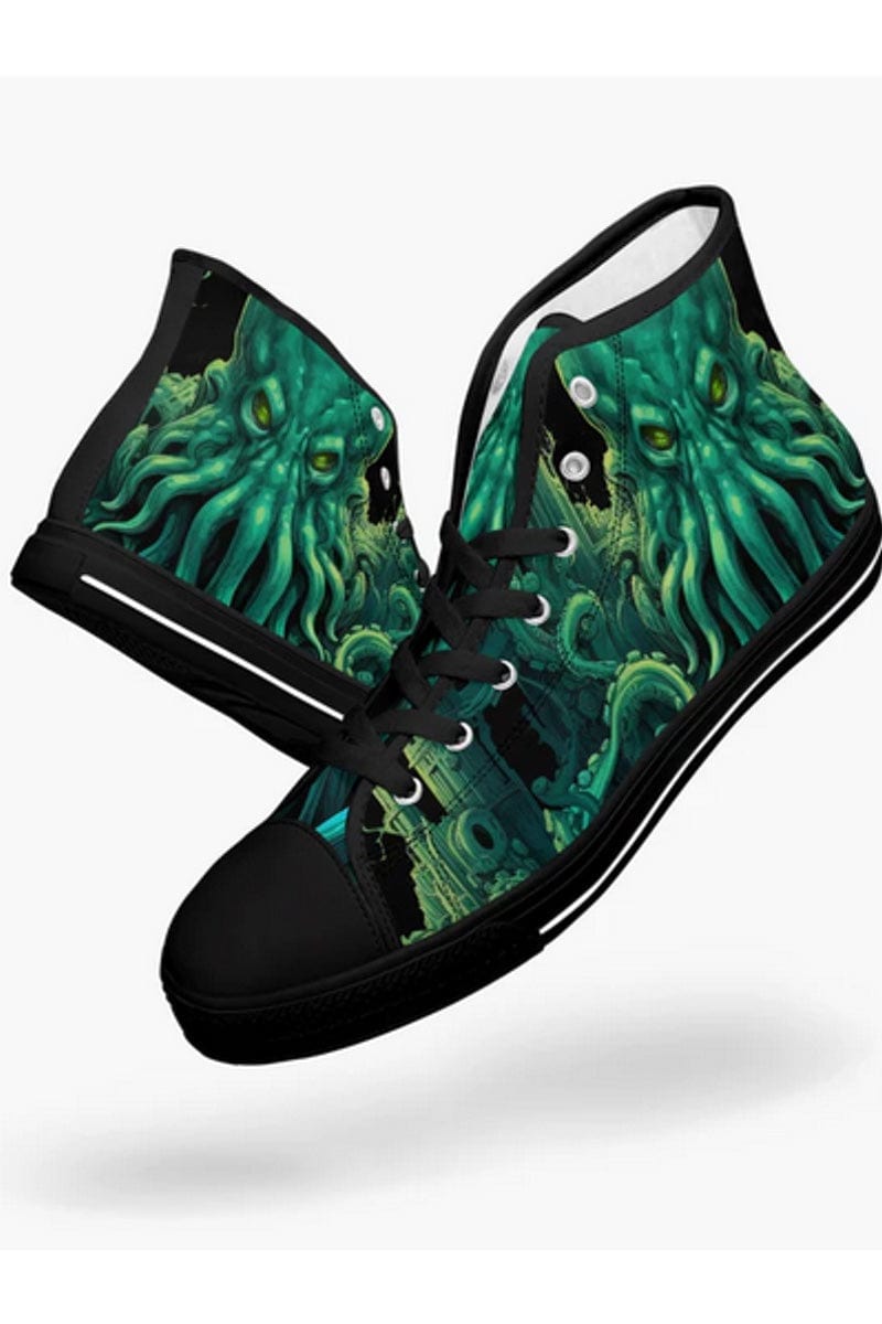 vivid gothic classic horror cthulhu kraken print in green on a pair of men's high top sneakers at Gallery Serpentine