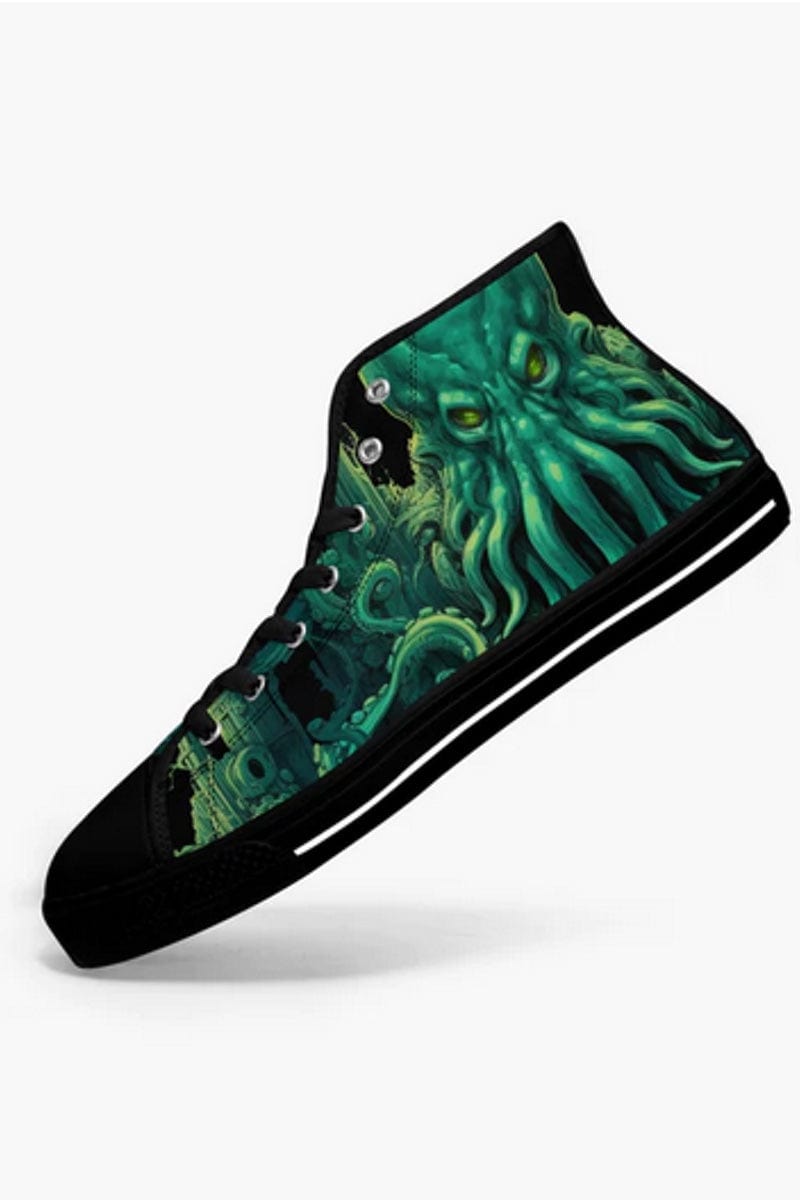vivid gothic classic horror cthulhu kraken print in green on a pair of men's high top sneakers at Gallery Serpentine 4