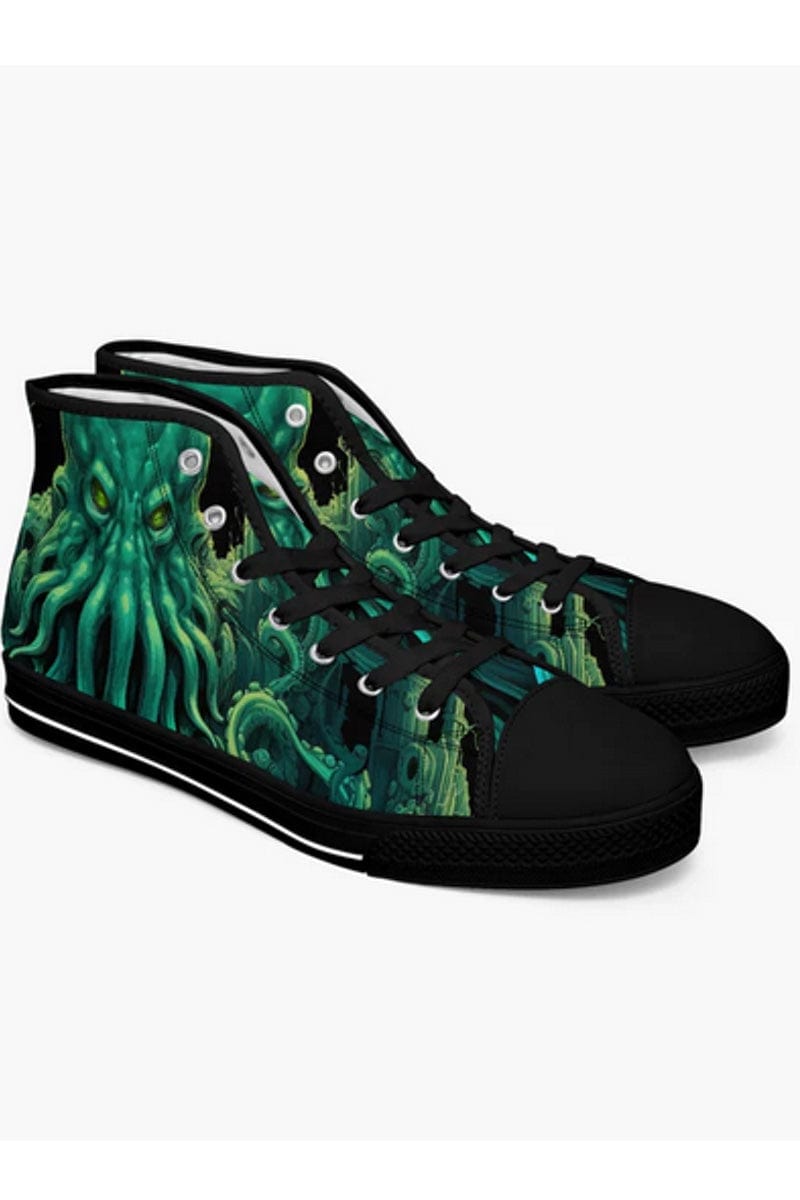 pair of the vivid gothic classic horror cthulhu kraken print in green on a pair of men's high top sneakers at Gallery Serpentine