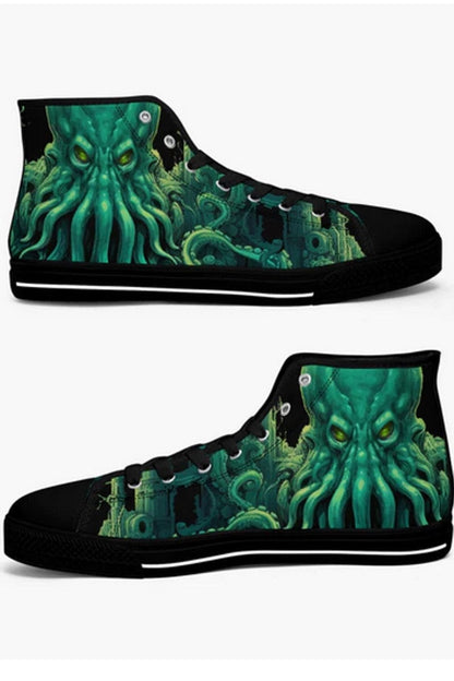 vivid gothic classic horror cthulhu kraken print in green on a pair of men's high top sneakers at Gallery Serpentine 1