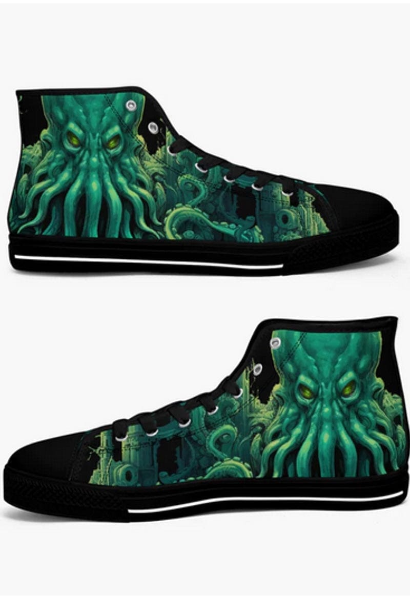HP Lovecraft's Cthulhu comes to life on a pair of vivid deep sea green Kraken high tops for women at Gallery Serpentine 5