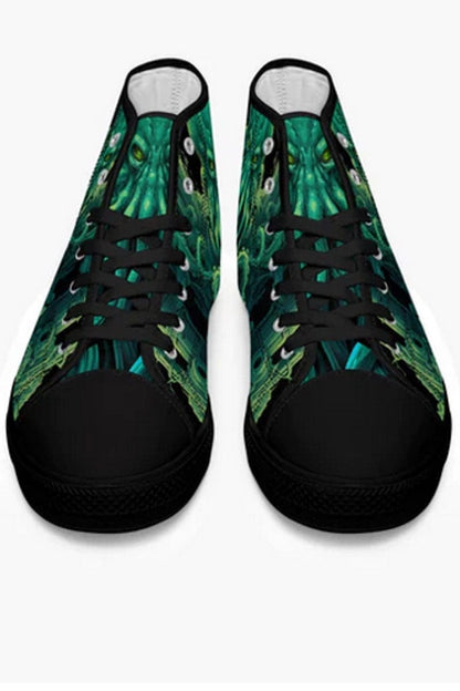 front on view of the vivid gothic classic horror cthulhu kraken print in green on a pair of men's high top sneakers at Gallery Serpentine