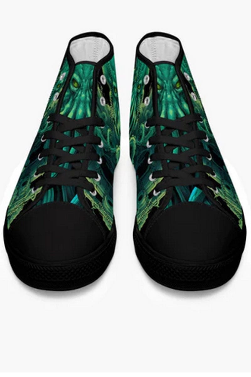 front on view of the vivid gothic classic horror cthulhu kraken print in green on a pair of men's high top sneakers at Gallery Serpentine