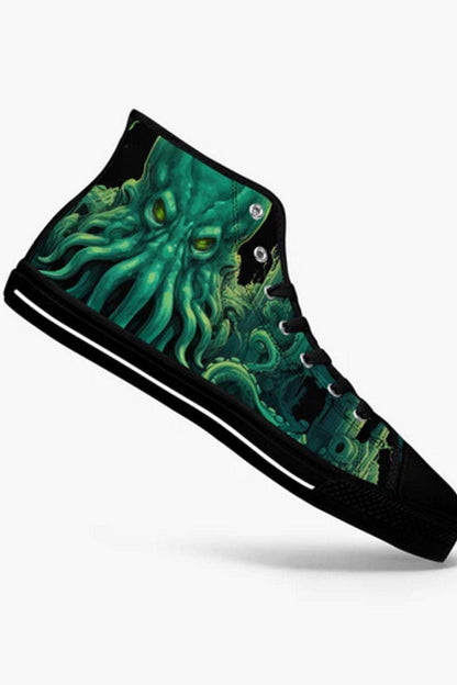side view of the vivid gothic classic horror cthulhu kraken print in green on a pair of men's high top sneakers at Gallery Serpentine