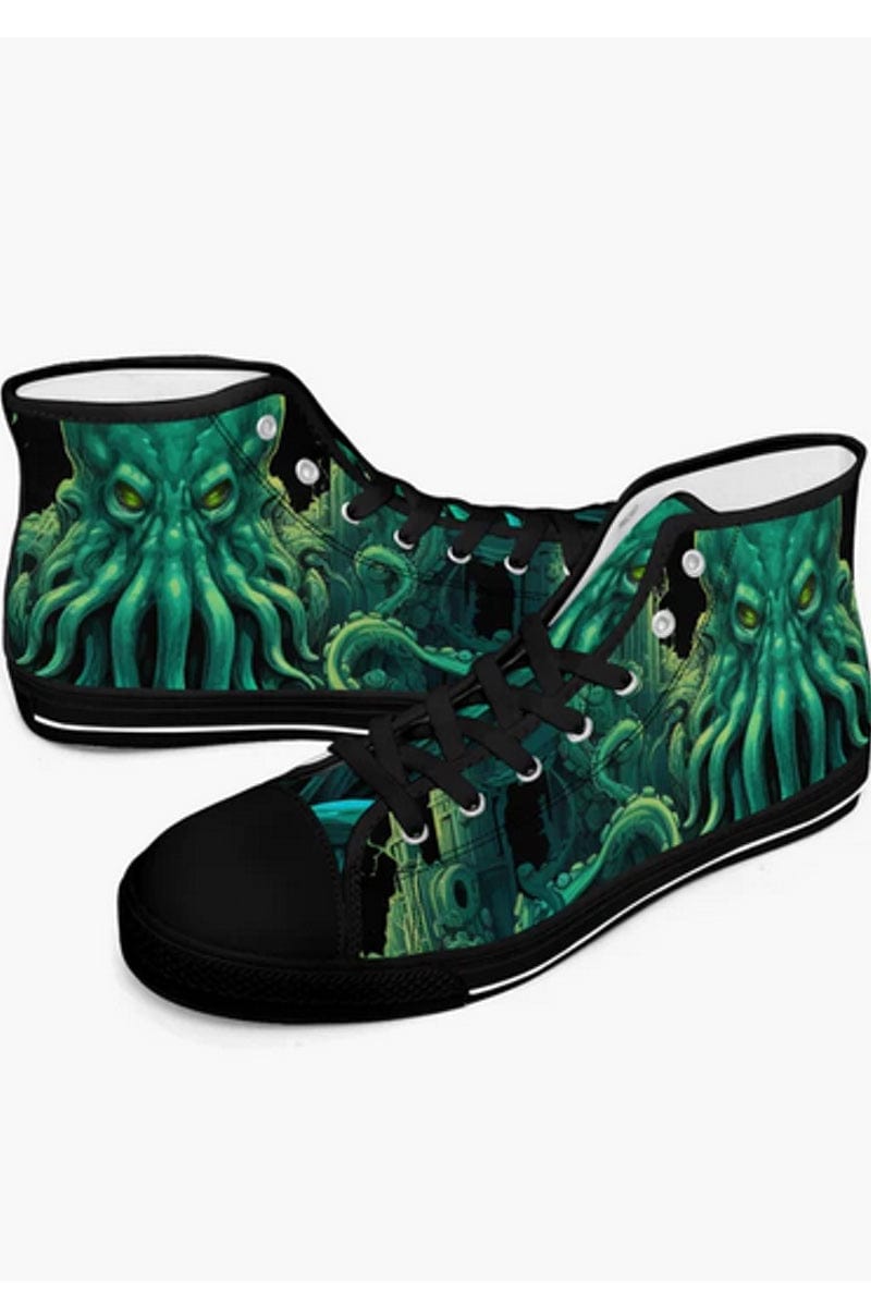 vivid gothic classic horror cthulhu kraken print in green on a pair of men's high top sneakers at Gallery Serpentine 2