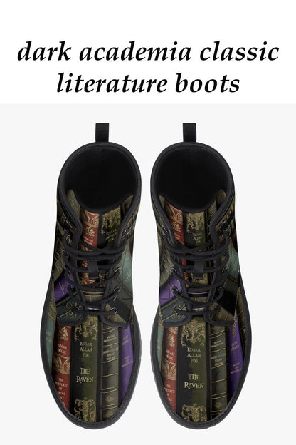 top view of the DARK ACADEMIA CLASSIC LITERATURE BOOK SPINEs printed on vegan leather boots