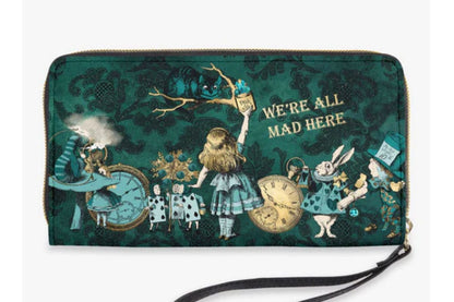 closeup on the dark green Alice in Wonderland pu zipped wallet purse featuring the Cheshire cat, Alice, White Rabbit and the Mad Hatter