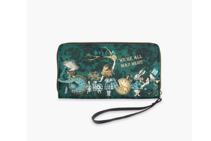 front view of the dark green Alice in Wonderland pu zipped wallet purse featuring the Cheshire cat, Alice, White Rabbit and the Mad Hatter