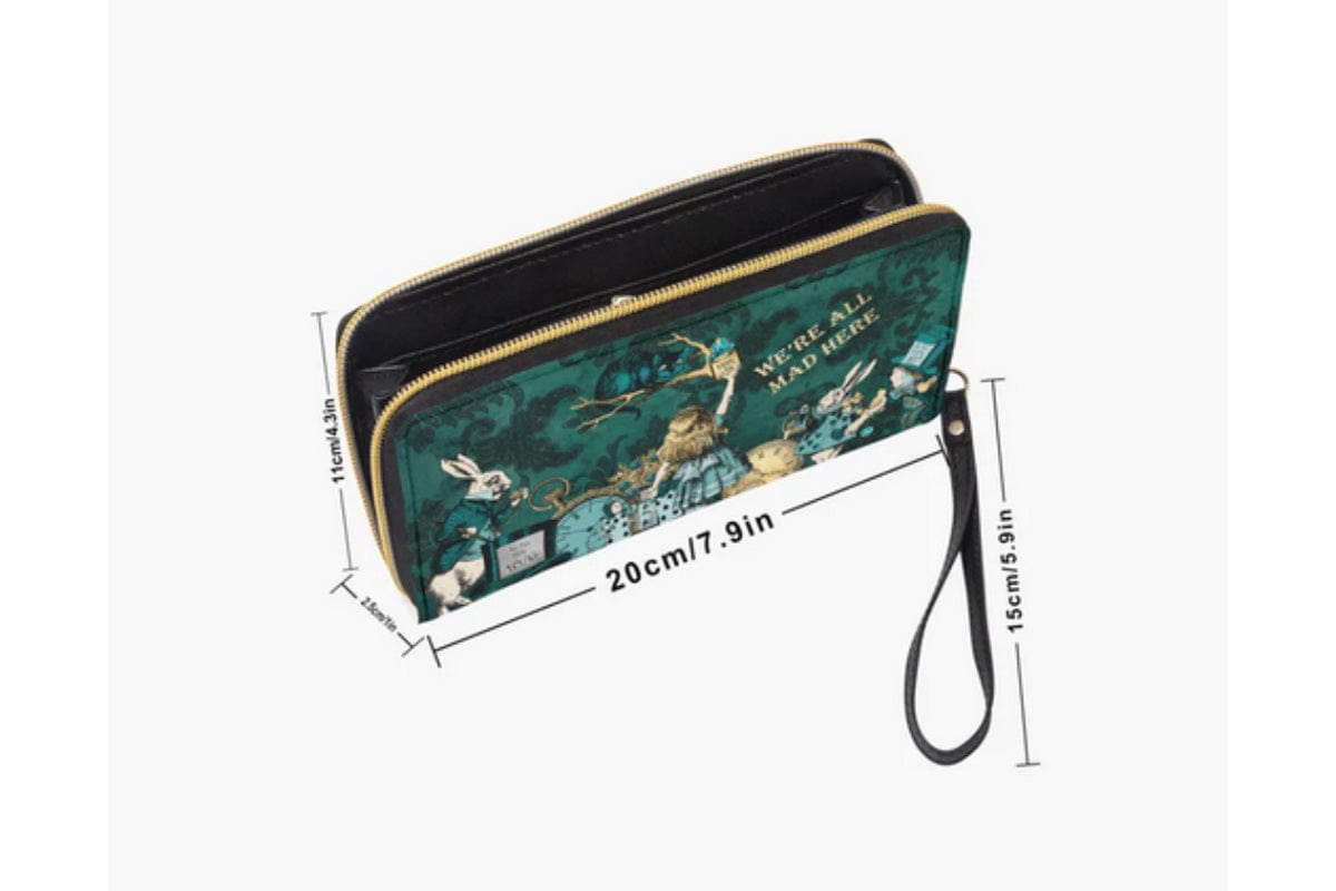dark green Alice in Wonderland pu zipped wallet purse featuring the Cheshire cat, Alice, White Rabbit and the Mad Hatter with dimensions of the wallet showing