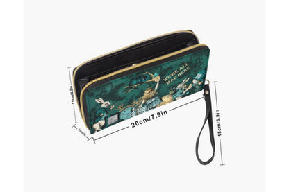 dark green Alice in Wonderland pu zipped wallet purse featuring the Cheshire cat, Alice, White Rabbit and the Mad Hatter with dimensions of the wallet showing