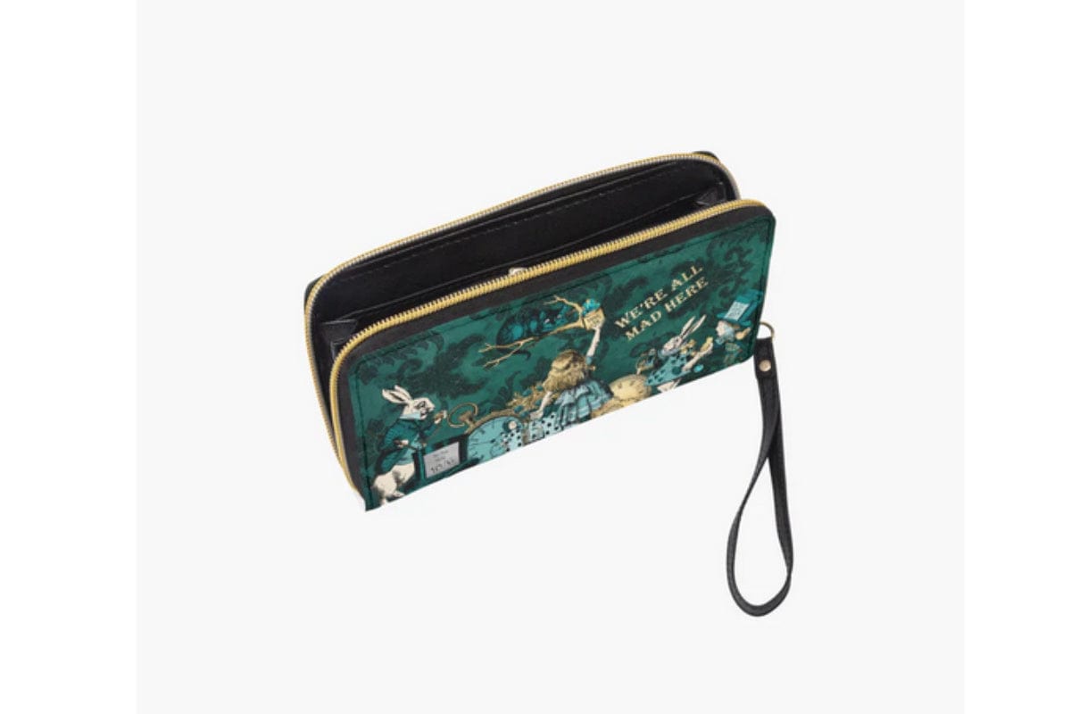 dark green Alice in Wonderland pu zipped wallet purse featuring the Cheshire cat, Alice, White Rabbit and the Mad Hatter with zip open