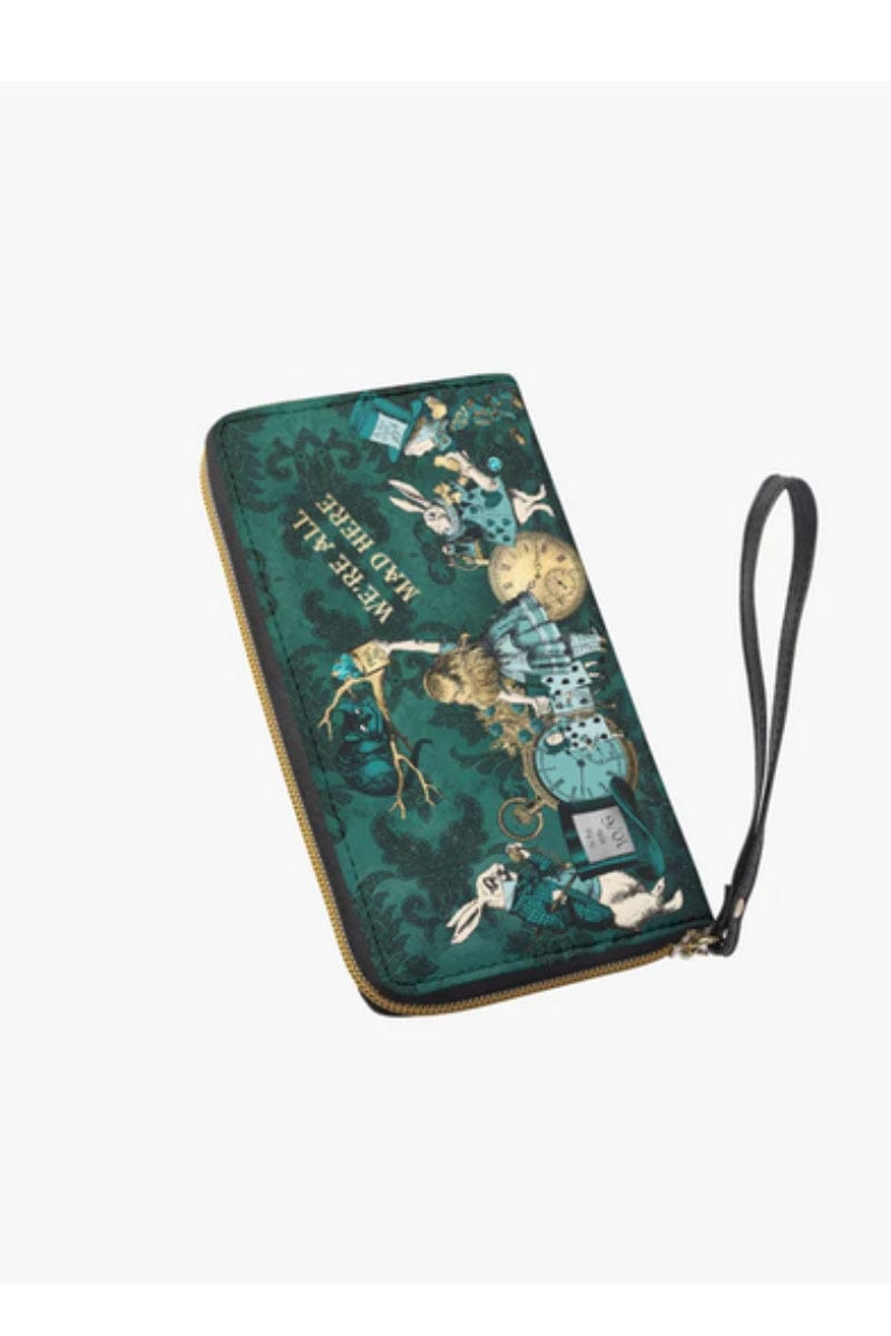 view of the dark green Alice in Wonderland pu zipped wallet purse featuring the Cheshire cat, Alice, White Rabbit and the Mad Hatter showing the wrist strap