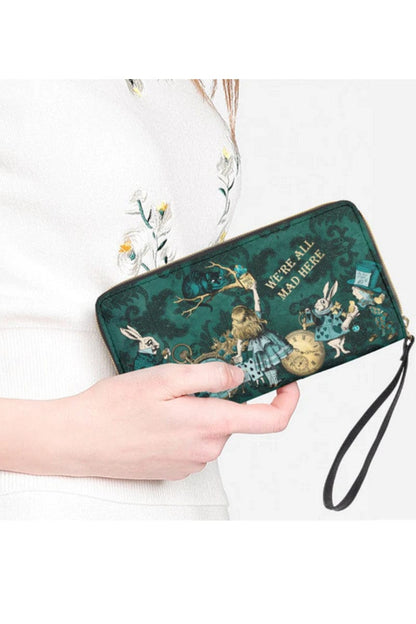 dark green Alice in Wonderland pu zipped wallet purse featuring the Cheshire cat, Alice, White Rabbit and the Mad Hatter