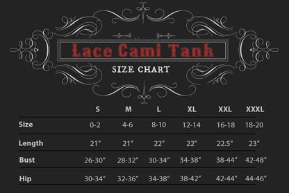 size chart for the Lace trimmed Cami Tank top from Se7en Deadly now available at Gallery Serpentine