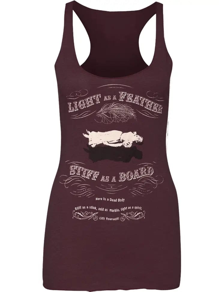 Burgundy Light as a Feather, Stiff as a Board vintage, victorian elegant macabre screen printed graphic racerback tank top from Se7en Deadly, made in the USA, available at Gallery Serpentine