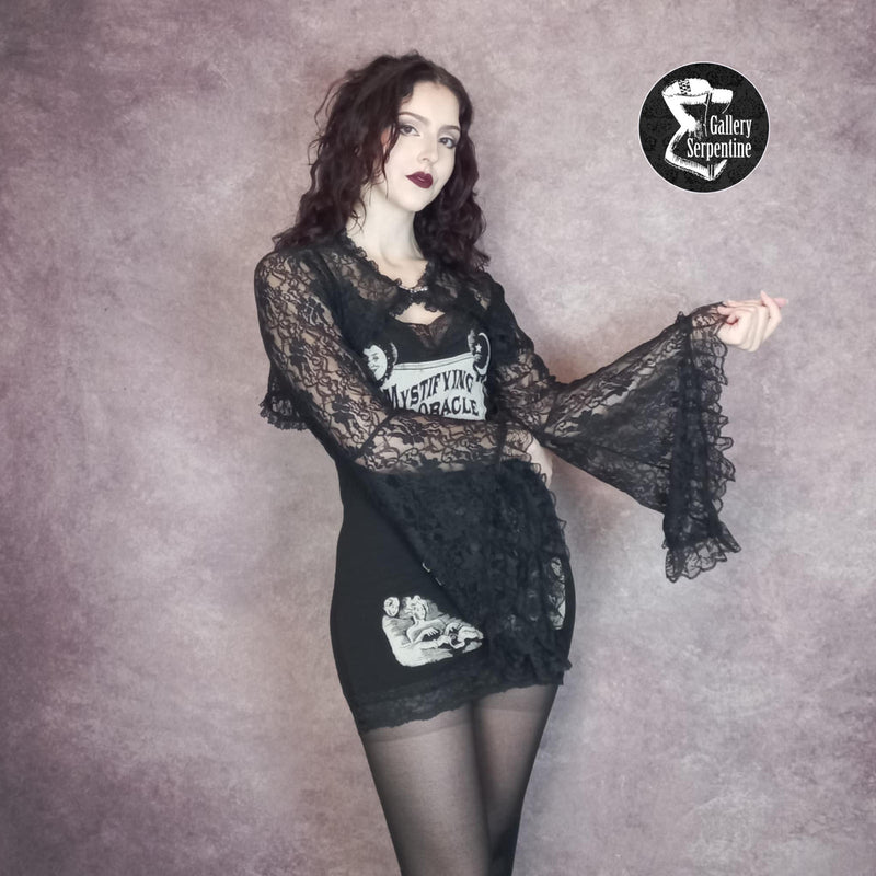black lace bolero with witch, medieval, angel sleeves side view