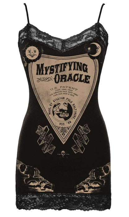 up close image of the screen printed Se7en Deadly Mystifying Oracle cotton and lace trimmed black cami, made in USA, available at Gallery Serpentine