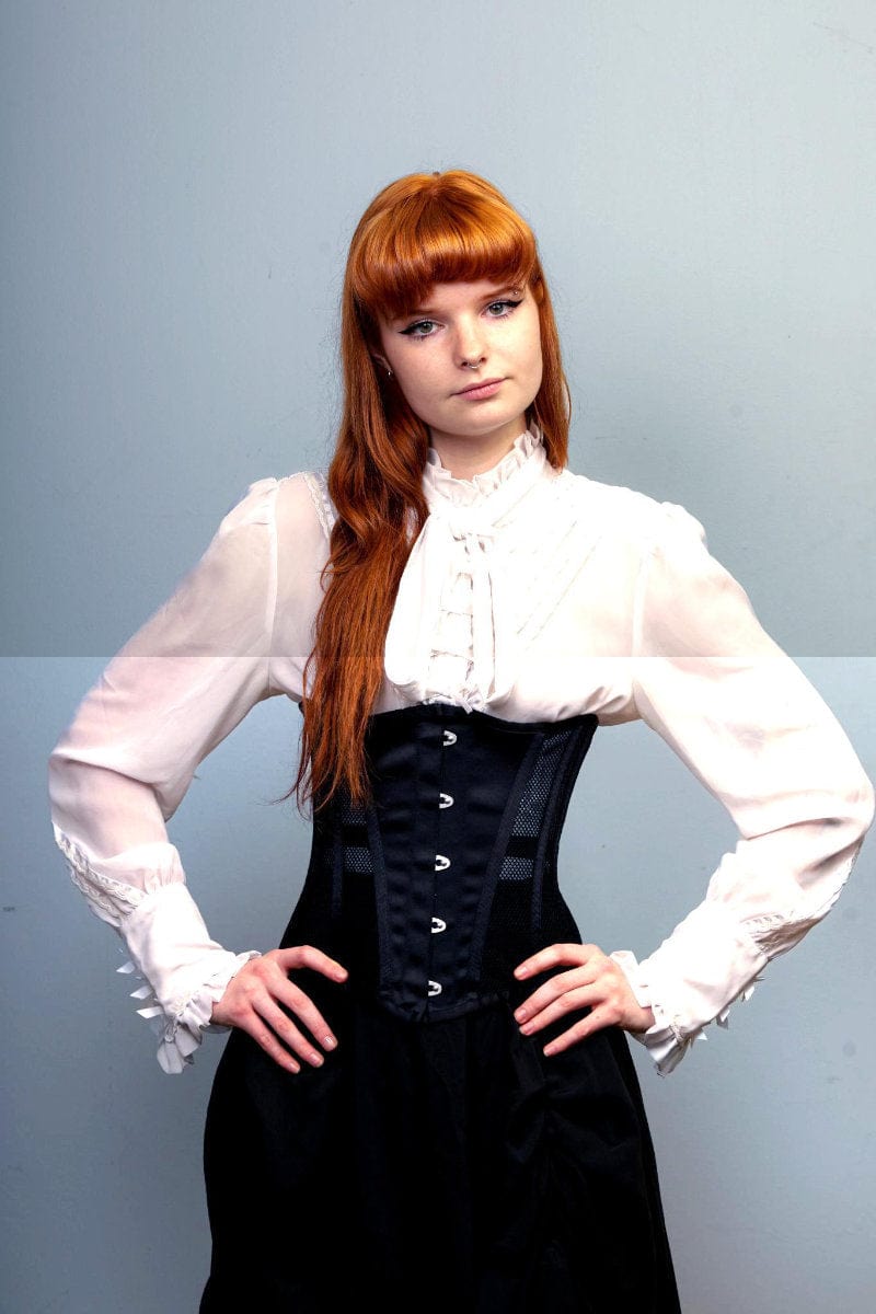 Mesh and satin longerline under bust corset for posture support and waist control at Gallery Serpentine 3