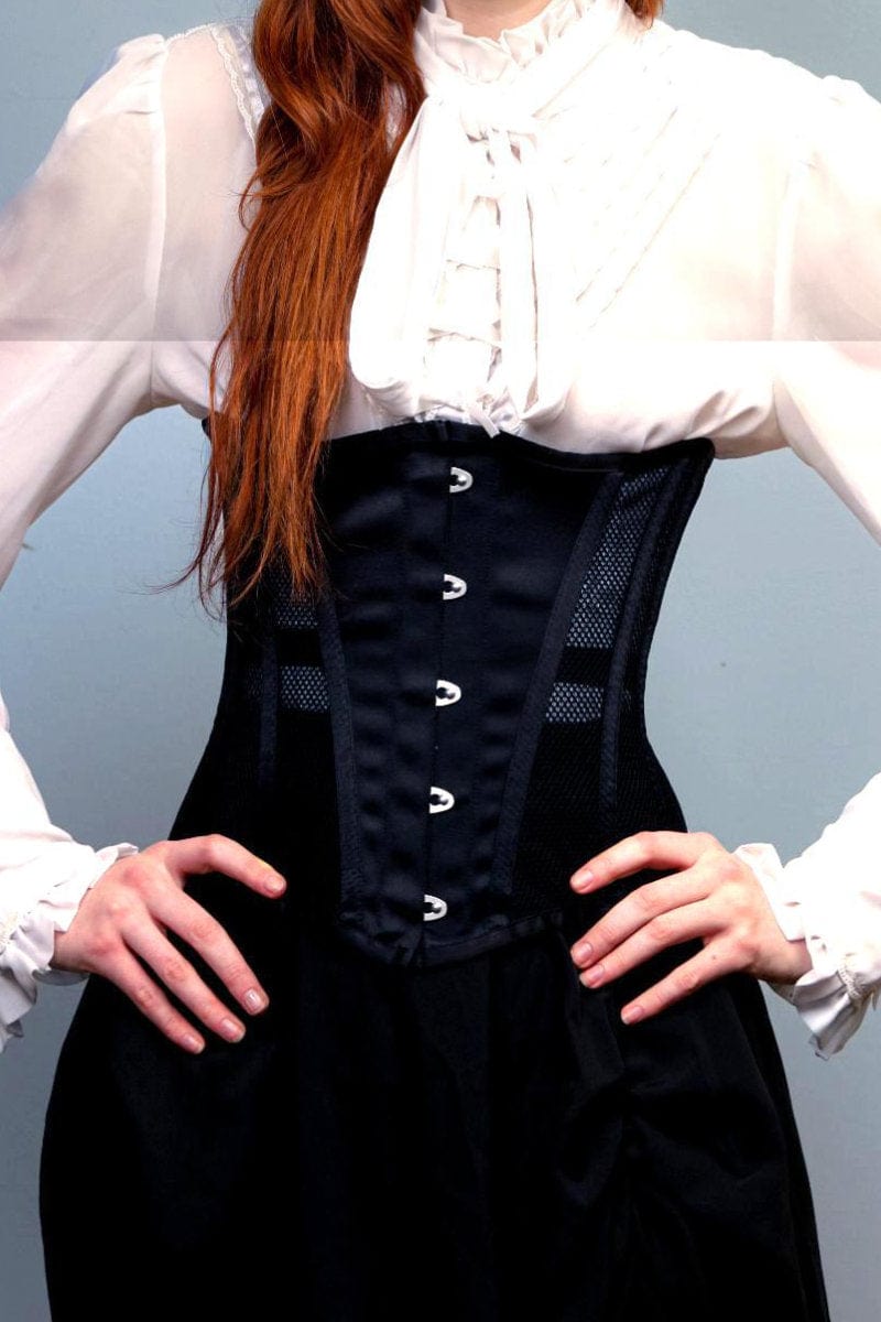 Mesh and satin longerline under bust corset for posture support and waist control at Gallery Serpentine 1