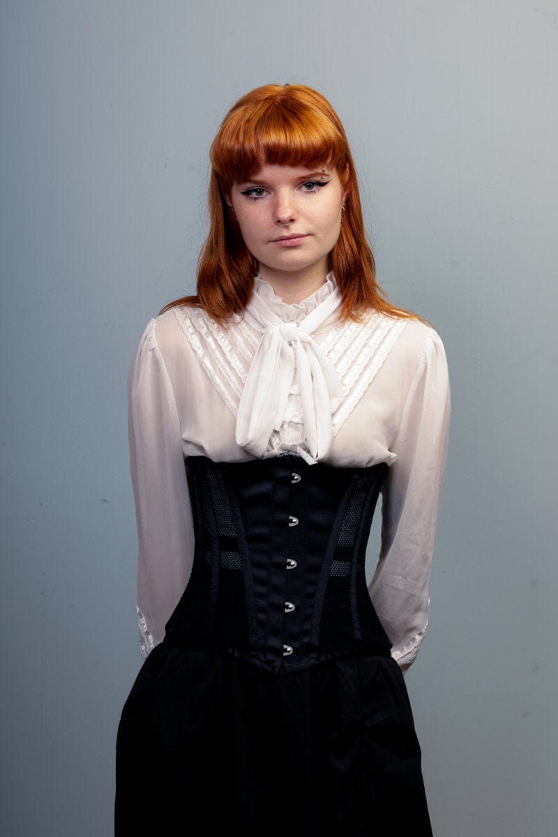 Mesh and satin longerline under bust corset for posture support and waist control at Gallery Serpentine 6