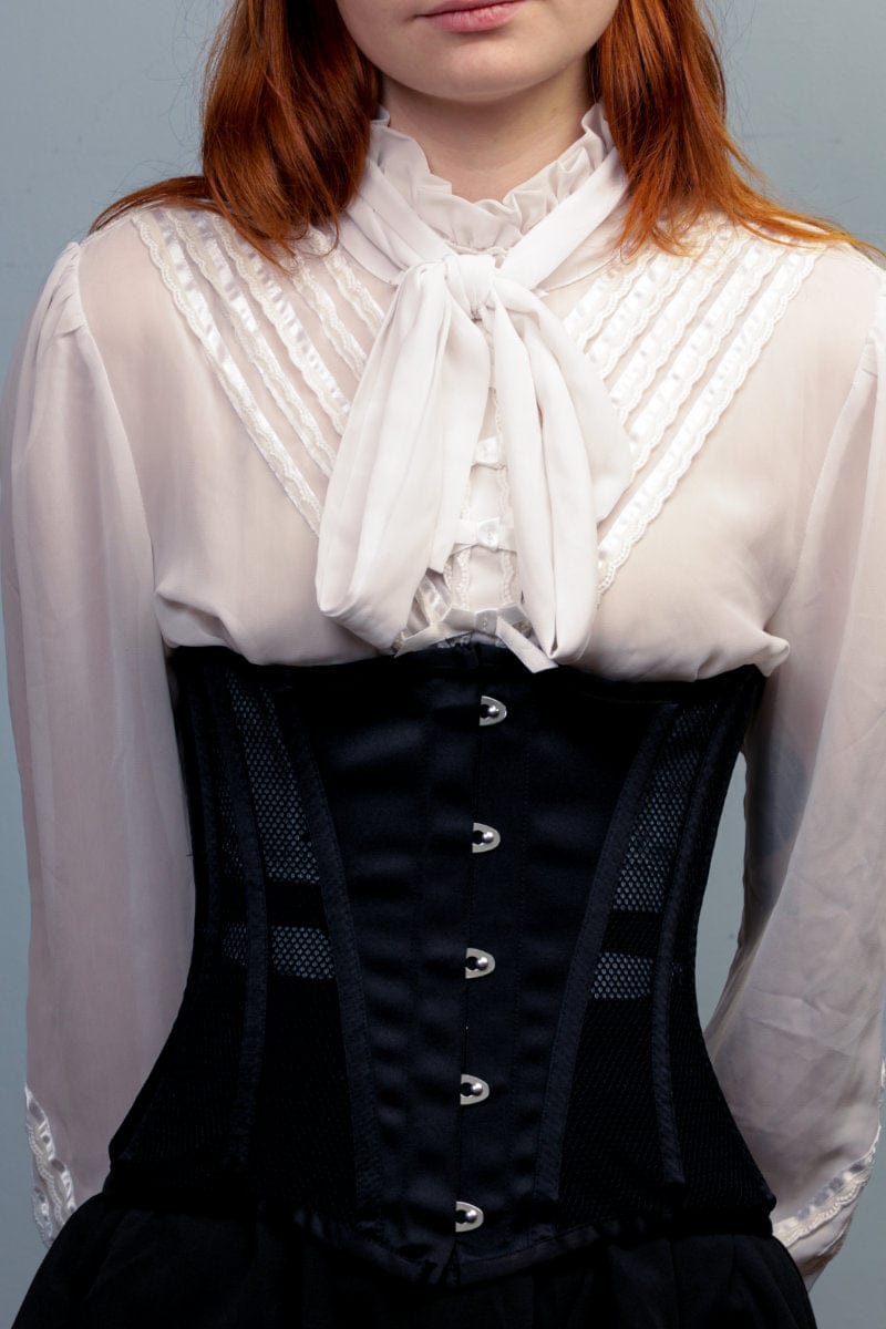 Mesh and satin longerline under bust corset for posture support and waist control at Gallery Serpentine 5