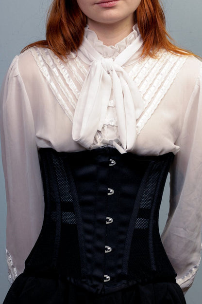 Mesh and satin longerline under bust corset for posture support and waist control at Gallery Serpentine 5