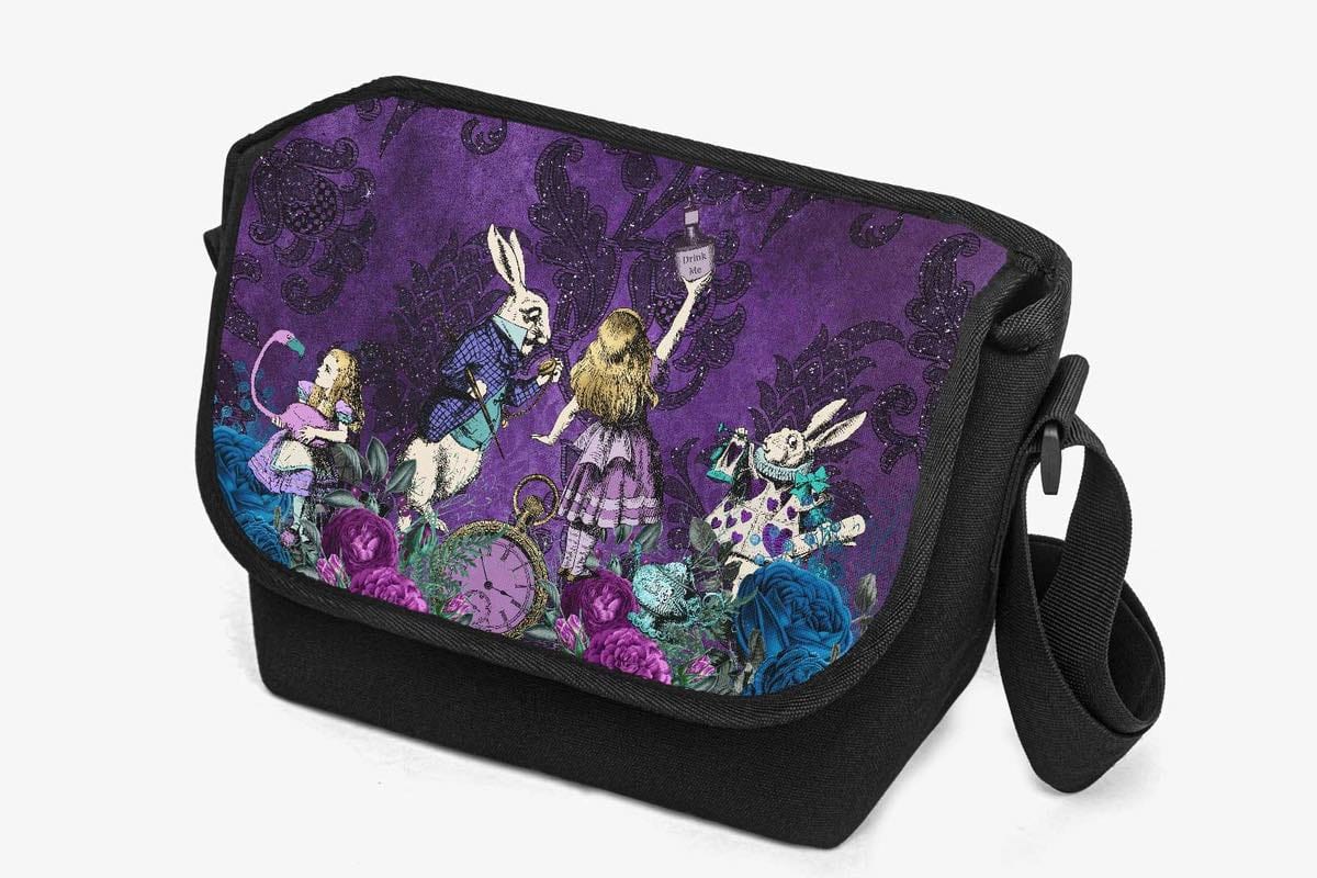 close up on the canvas Australian designed gothic alice in wonderland purple messenger bag